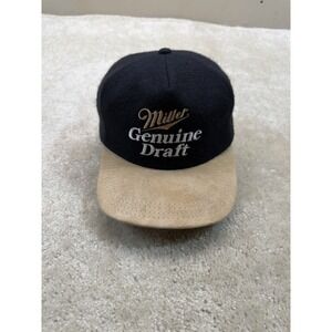 Vintage 90s Miller Genuine Draft Beer Hat Cap Black Tan Wool USA Made Leather